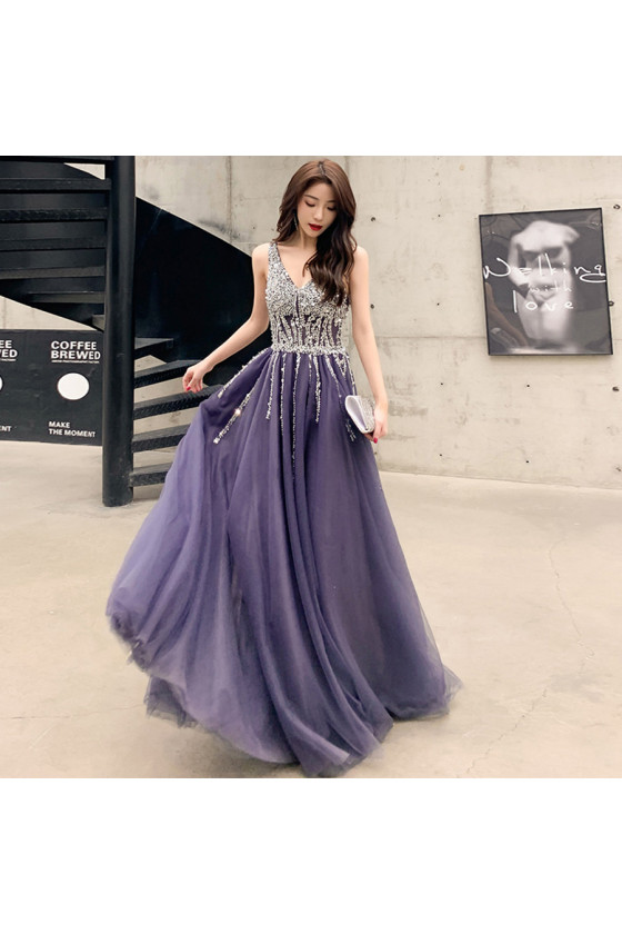 V Neck Long Tulle Blue Prom Dress with Sequin Beading Top