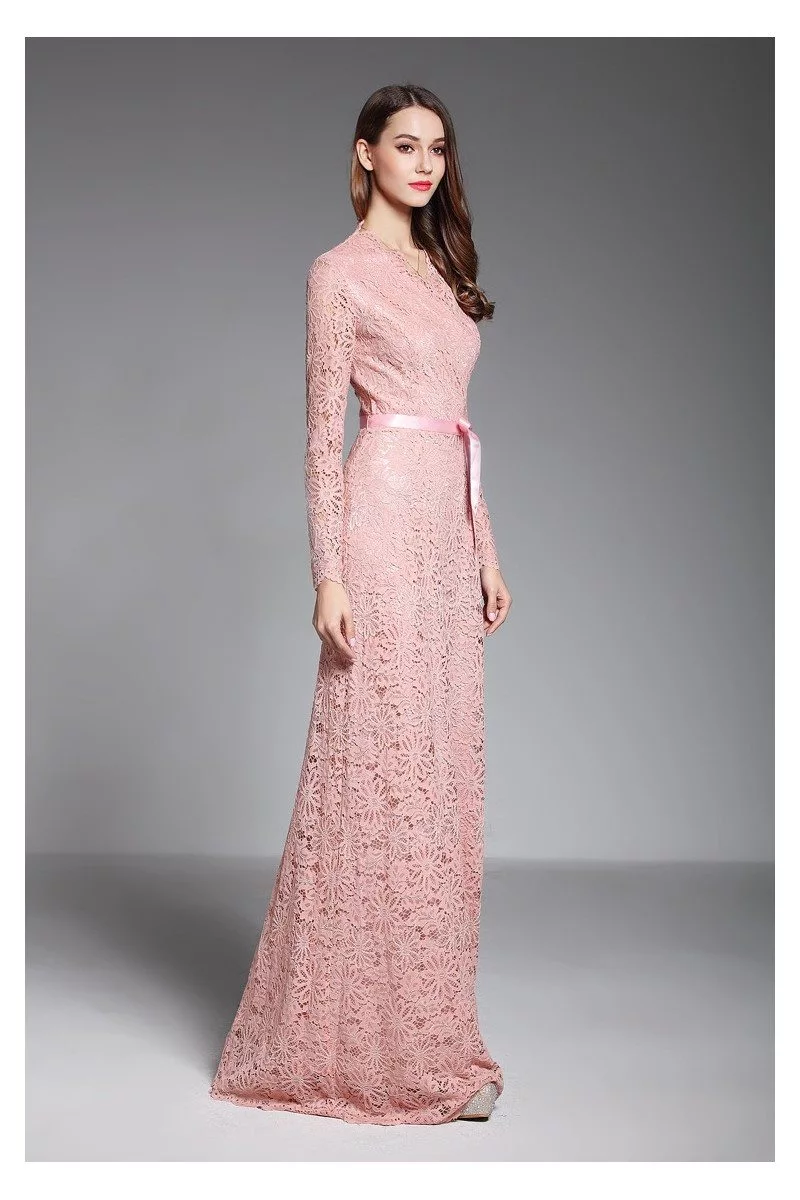 Pink Long Sleeve Lace Formal Evening Dress With Sash Ck