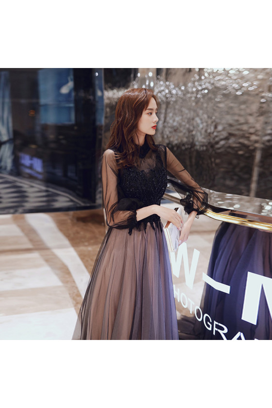 Modest Black Lace Floor Length Formal Prom Dress DQ830910