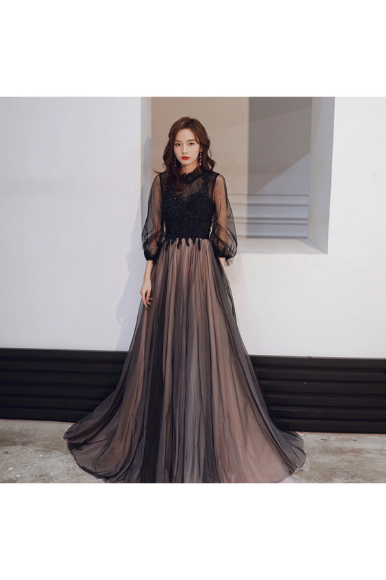 Modest Black Long Tulle Prom Dress with Lace Beading