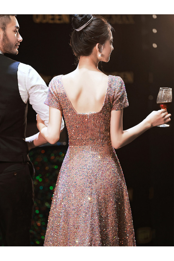 pink and gold sequin prom dress Sparkly Golden Sheath Sequins Long Prom Dress with Slit, Magenta / 0 main image 0