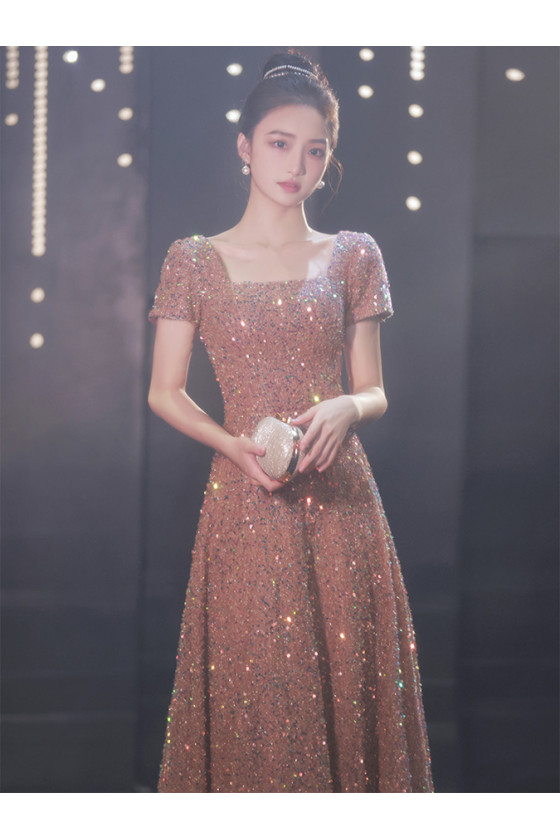 Popular A-line round neck sequin long pink prom dress, Pink Chiffon Sequin Prom Dress, PD0508