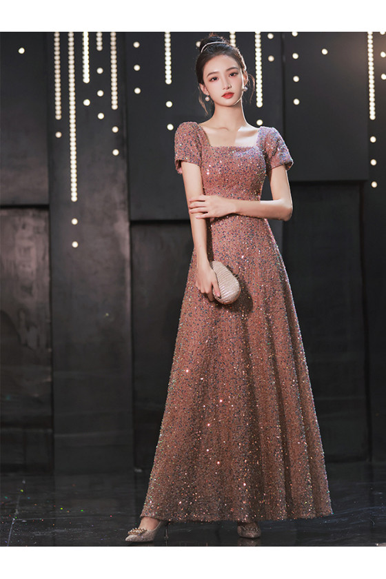 Sparkly Sequin Long Pink Prom Dress with Square Neck