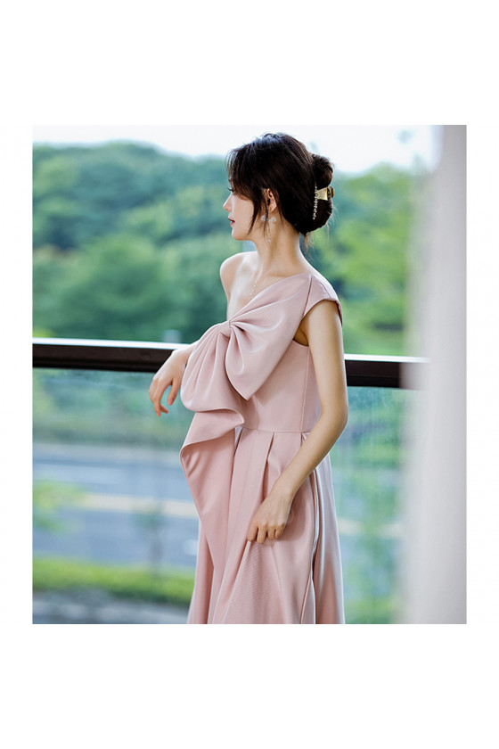 One Shoulder Pink Long Satin Prom Dress with Big Bow In Front - $123.9768 #AM6065 - SheProm.com One Shoulder Pink Long Satin Prom Dress with Big Bow In Front - $123.9768 #AM6065 - SheProm.com