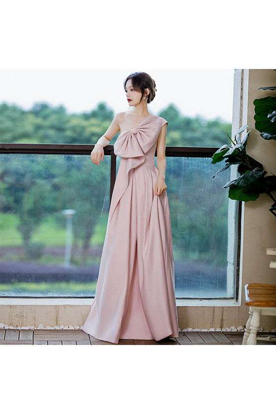One Shoulder Pink Long Satin Prom Dress with Big Bow In Front