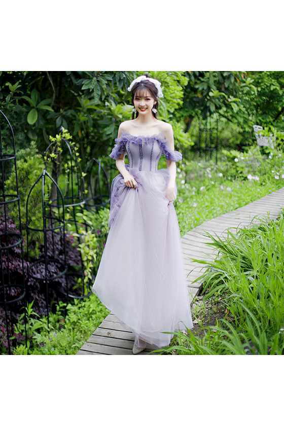 Off Shoulder Ruffled Lavender Long Tulle Prom Dress with Beading