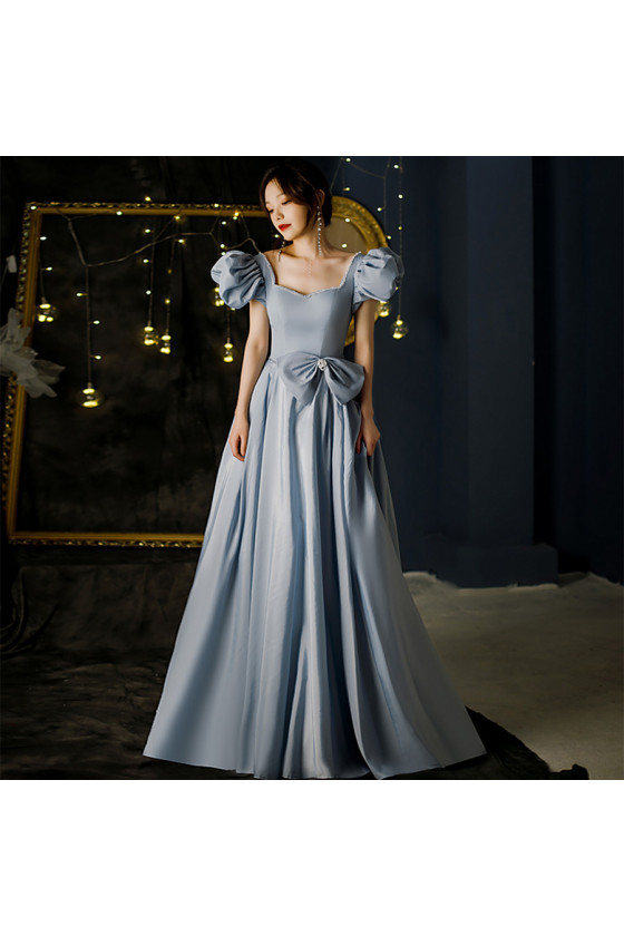 Dusty Blue Long Square Beading Neck Formal Dress with Bow Bubble Sleeves