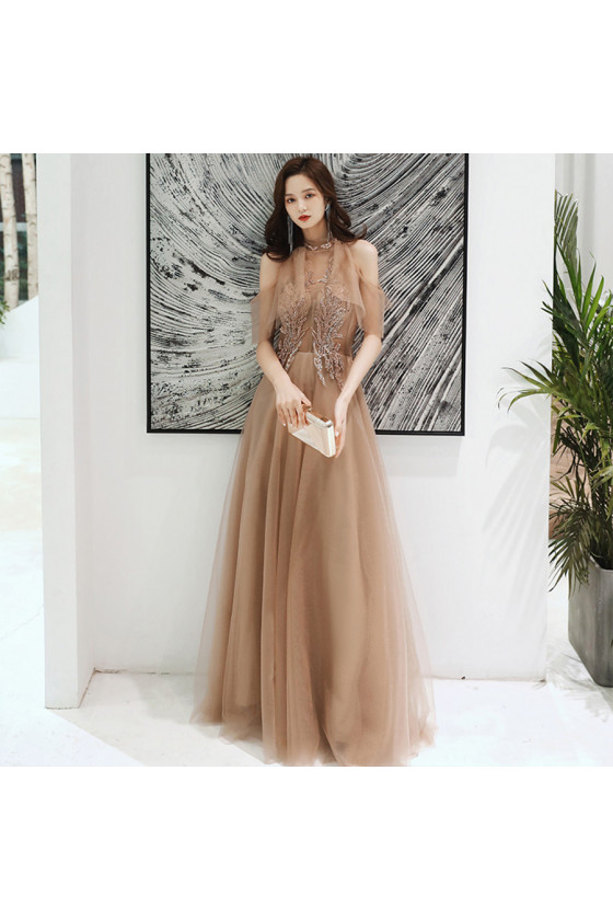 Halter Neck Khaki Long Tulle Prom Dress with Cold Shoulders