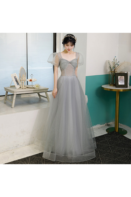Short Sleeves Simple Grey Long Prom Dress with Beading Neck
