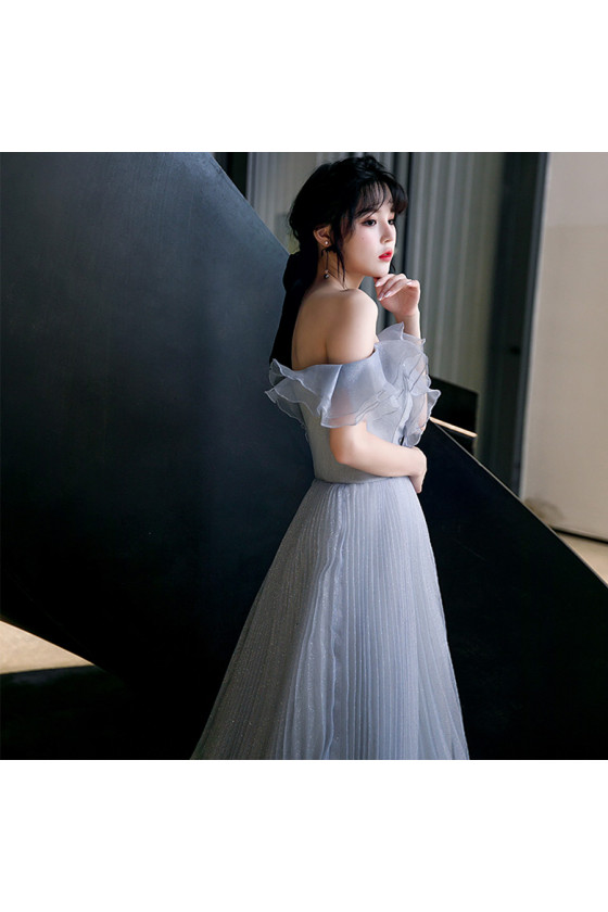 Dusty Blue Pleated Tulle Long Prom Dress In Off The Shoulder - $147.9816  #AM6039 - SheProm.com