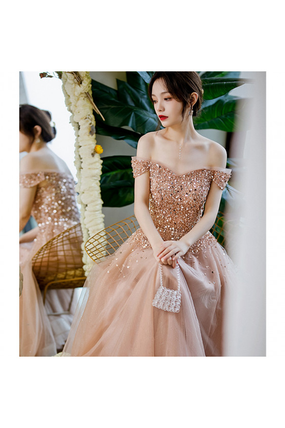 Off Shoulder Long Light Coffee Prom Dress with All Beading Top
