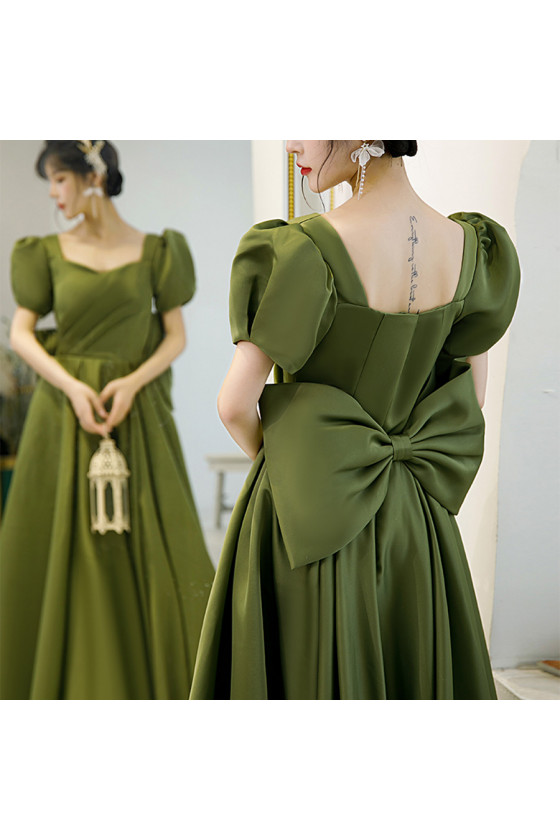 Quality Pleated Long Green Satin Prom Dress with Big Bow