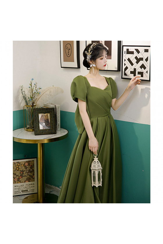 Quality Pleated Long Green Satin Prom Dress with Big Bow - $139.9824  #AM6008 - SheProm.com