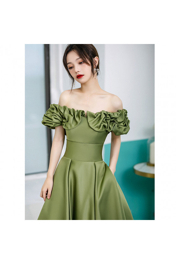 green emerald velvet dress Green Ruffled Off Shoulder Rhinestone Tulle Prom Dress main image 1