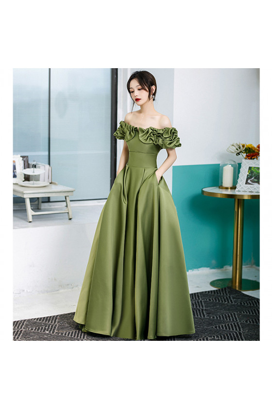 Simple Satin Long Green Prom Dress with Ruffled Off The Shoulder