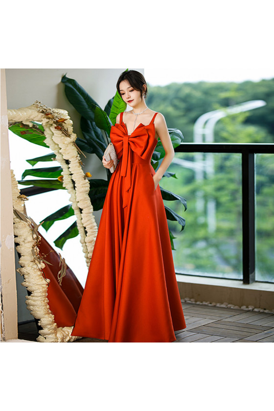 Simple Orange Long Satin Formal Prom Dress with Big Bow In Front