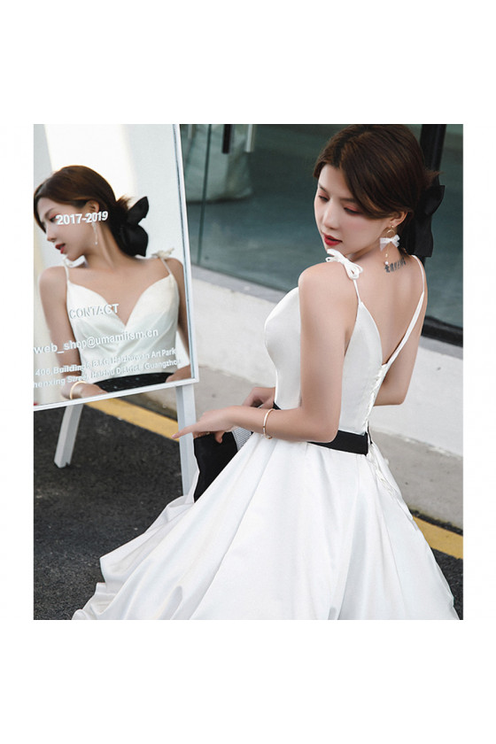 Simple Satin Long White Wedding Party Dress with Black Sash - $102.9816  #AM6086 - SheProm.com