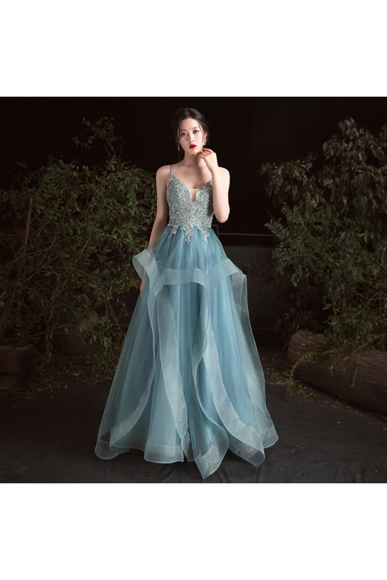 Long Tulle Blue Party Dress with Lace Beading Bodice