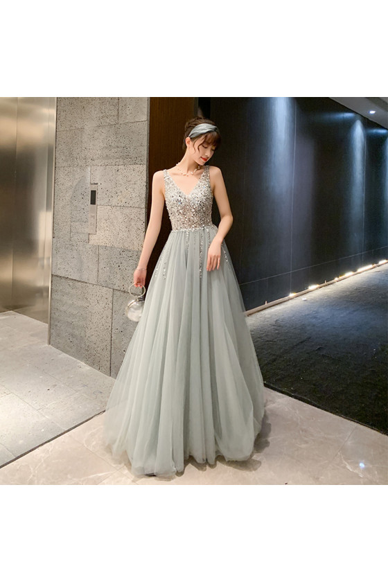 V Neck Grey Long Tulle Prom Dress with Sequin Bodice