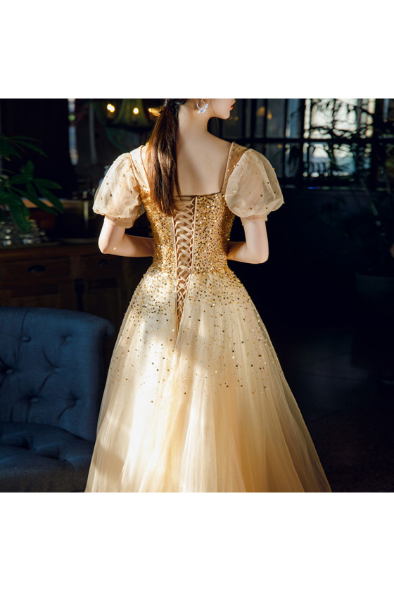 Sparkly Gold Sequin Short Sleeves Long Prom Dress with Square Neck - $163.98 #AM6016 - SheProm.com Sparkly Gold Sequin Short Sleeves Long Prom Dress with Square Neck - $163.98 #AM6016 - SheProm.com