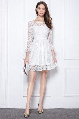 Little White Round Neck Lace Sleeve Short Dress