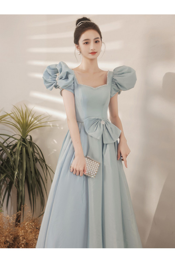 Light Blue Satin Long Formal Dress with Bubble Sleeves - $123.9768 # ...