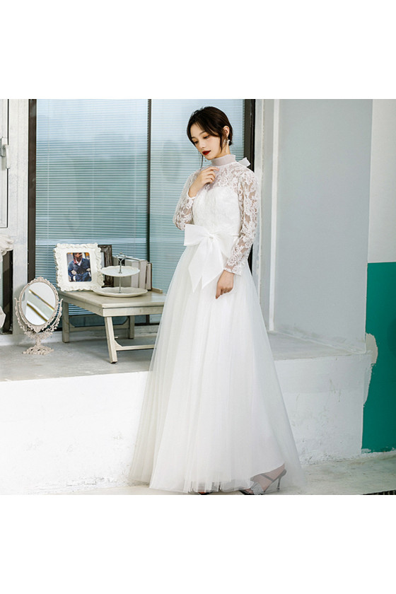 Long Sleeve Simple Tulle Bow Wedding Dress with Lace Jacket