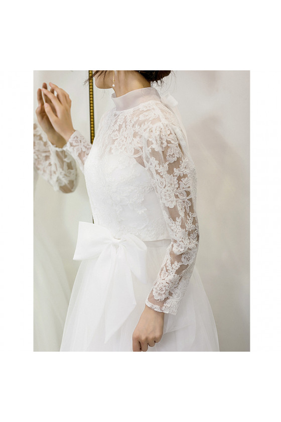 Long Sleeve Simple Tulle Bow Wedding Dress with Lace Jacket - $117.9792  #AM6059 