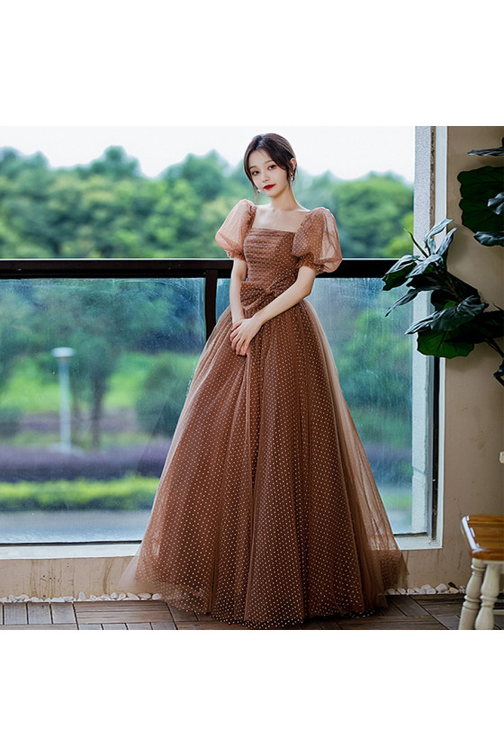 Square Neck Bubble Sleeve Brown Dotted Tulle Prom Dress with Bow