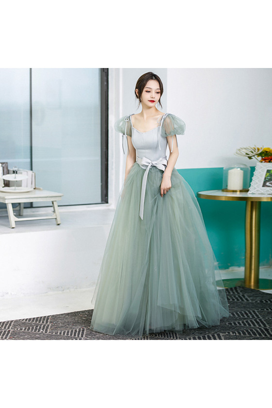 Baeaded Square Neck Tulle Green Prom Dress with Sheer Bubble Sleeves