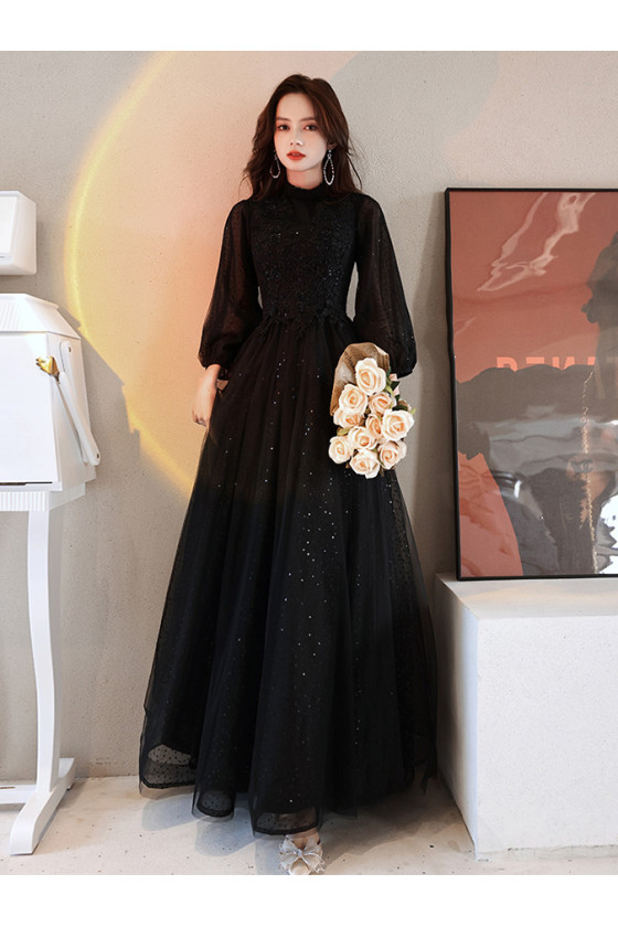 Modest Black Long Tulle Formal Dress with Long Lantern Sleeves