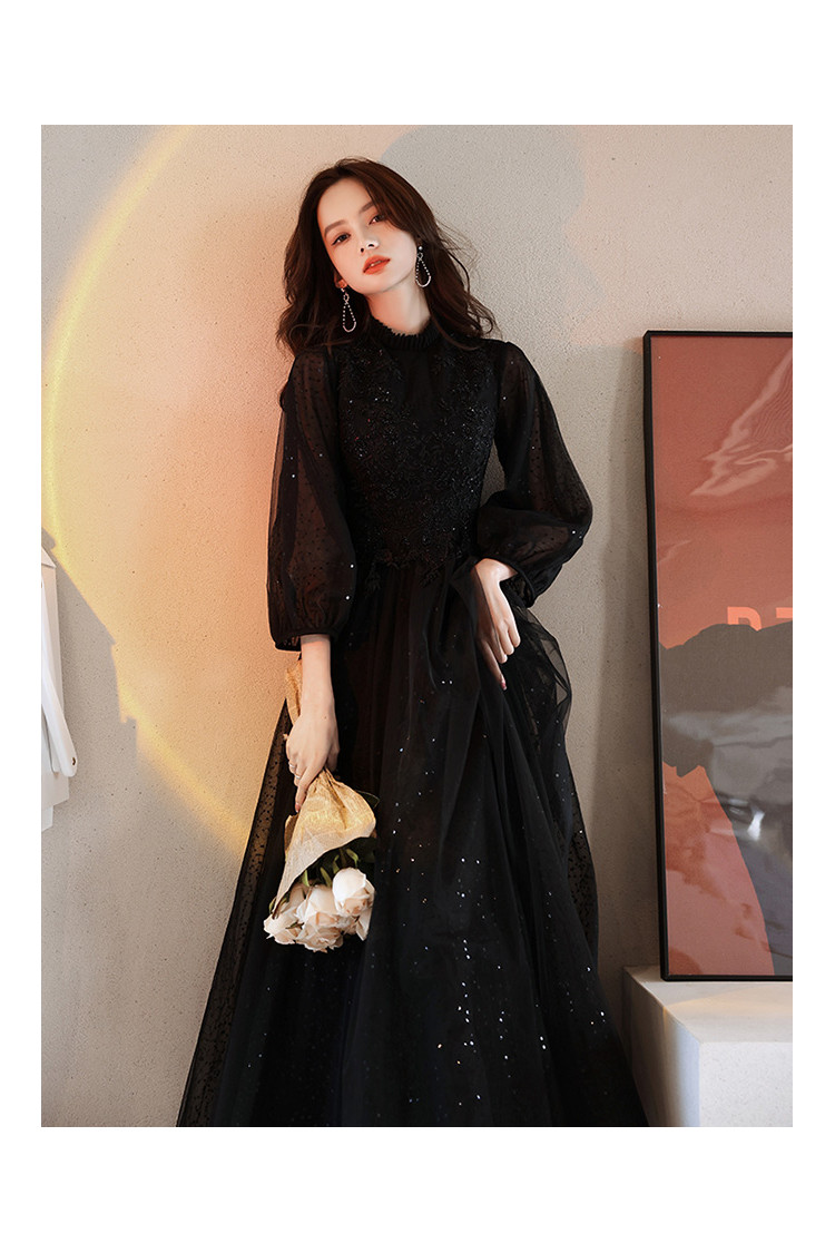 Modest Black Long Tulle Formal Dress with Long Lantern Sleeves - $123. ...