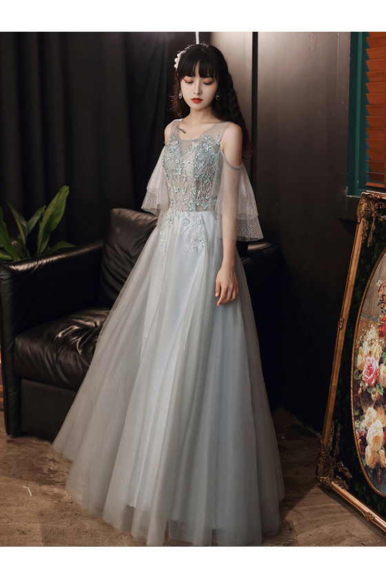 Off Shoulder Tulle Party Dress with Lace Beading