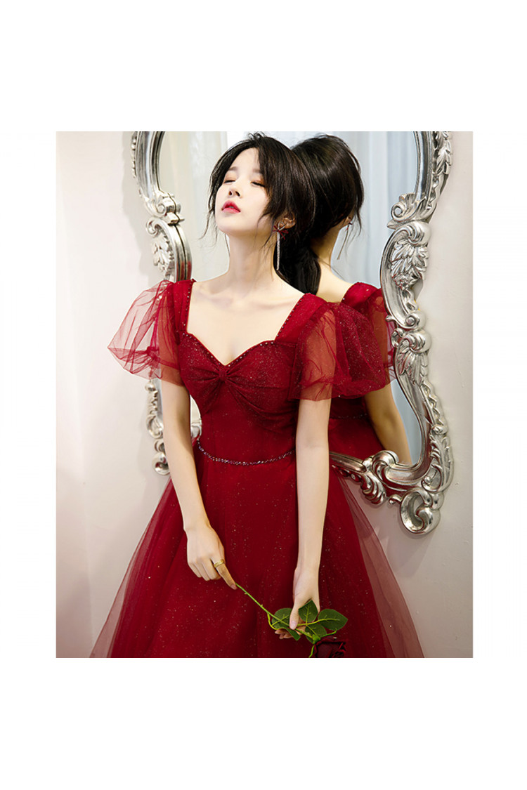 Burgundy Shiny Sweetheart Neck Formal Dress with Short Sleeves - $119.9808  #AM6005 