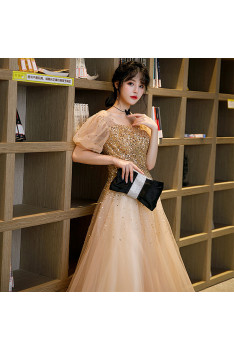 Beautiful Tulle Long Champagne Prom Dress with Sparkl Gold Sequin ...