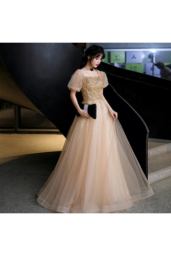 Beautiful Tulle Long Champagne Prom Dress with Sparkl Gold Sequin