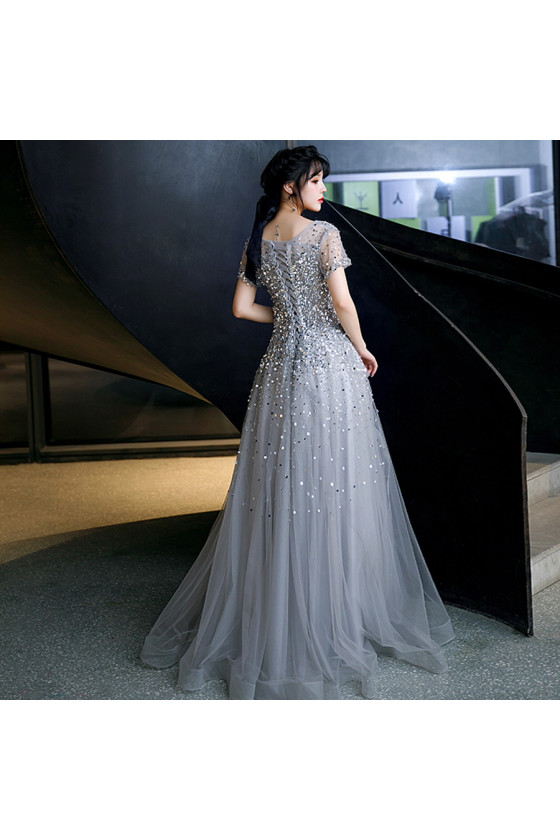 Sparkly Grey Beading Long Prom Party Dress with Short Sleeves