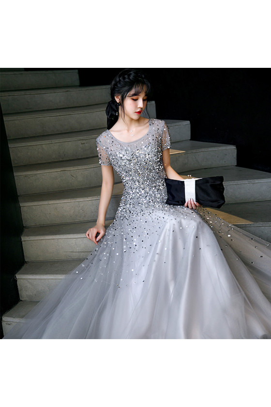 Sparkly Grey Beading Long Prom Party Dress with Short Sleeves  #AM6038