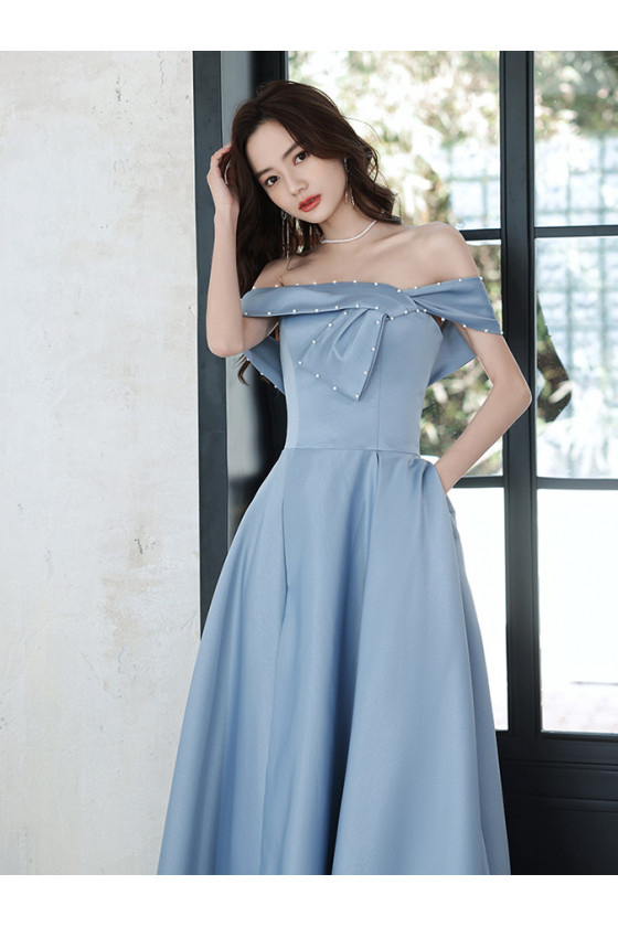 dusty blue semi formal dress Wedtrend Women Bridesmaids Dusty Blue A Line Off the Shoulder Long Ruched Chiffon Bridesmaid Dress with Slit, Dusty Blue / US4