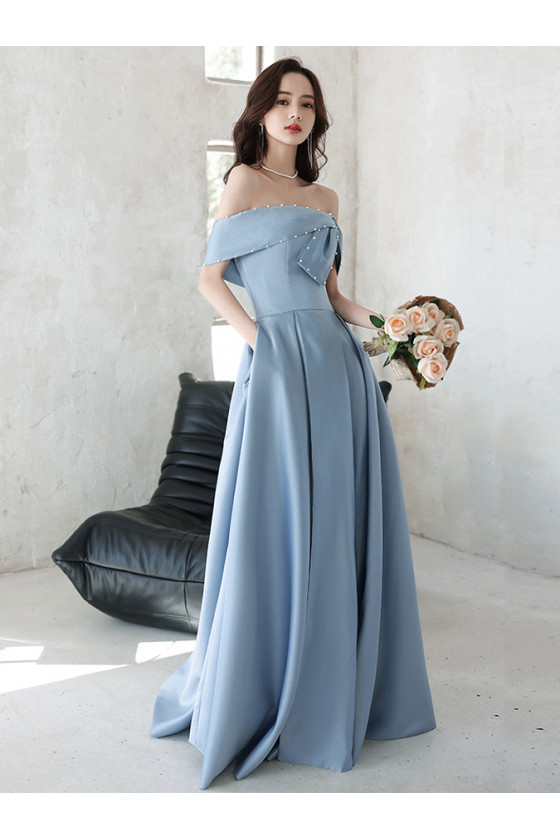 Dusty Blue Long Slit Satin Prom Dress with Off Shoulder Beading