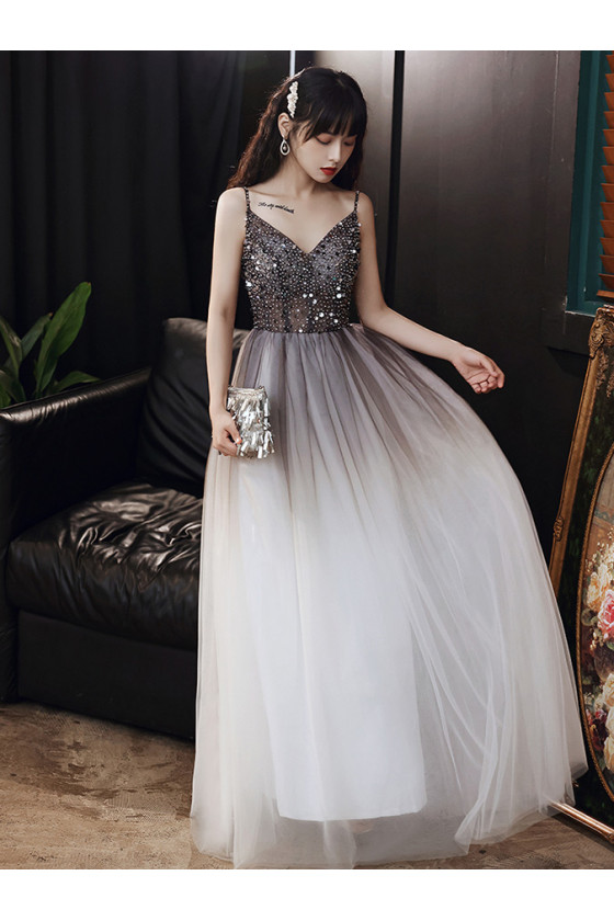 Ombre Long Tulle Prom Dress with Beading Top