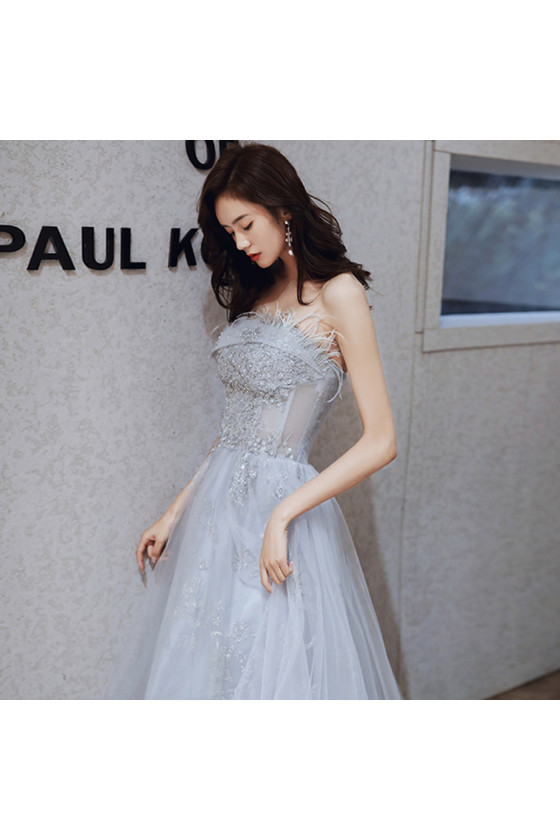 Strapless Grey Long Tulle Prom Dress with Lace Beading - $117.9792 #AM6138  - SheProm.com