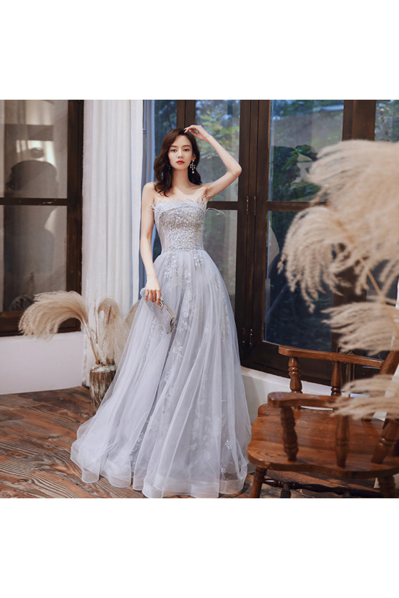 Strapless Grey Long Tulle Prom Dress with Lace Beading
