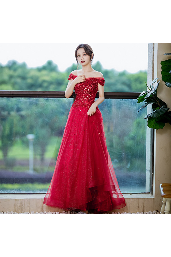 Sparkly Sequin Burgundy Long Prom Dress with Off Shoulder Neck