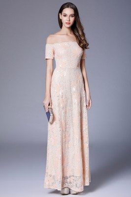 Nude Sequin And Embroidery Off Shoulder Long Dress