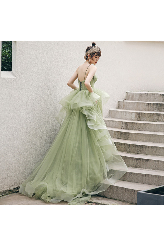 Spaghetti Strap Green Long Tulle Prom Gown with Train