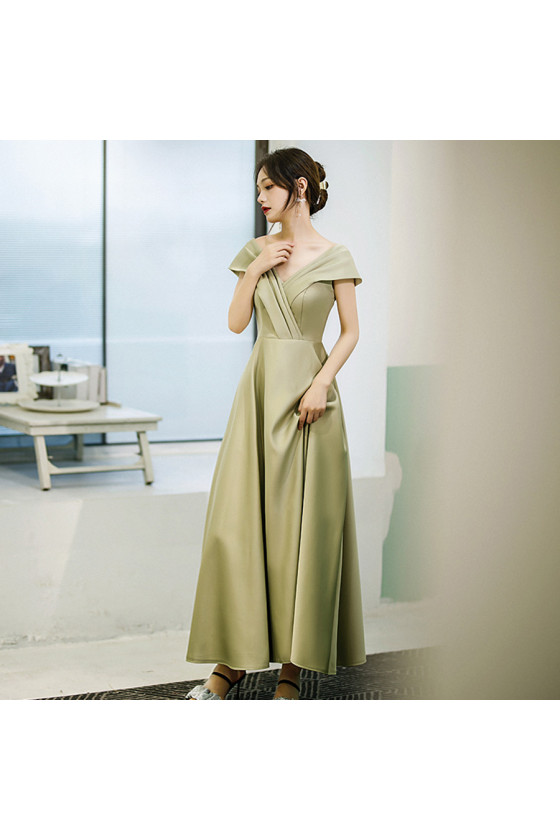 Simple Saitn Green Long Party Dress with Cap Sleeves
