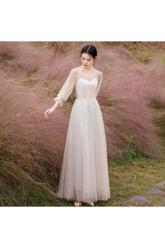 3/4 Sleeve Champagne Long Tulle Prom Dress with Sequin Beading