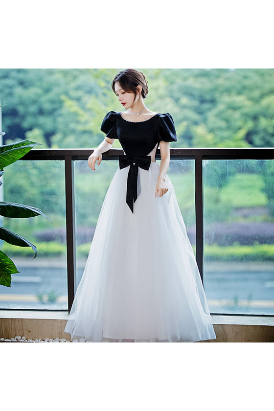 Black And White Long Beaded Formal Dress with Bubble Sleeves