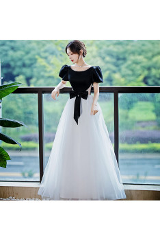 Simple Sleeveless V Neck White Tulle Party Dress with Black Satin